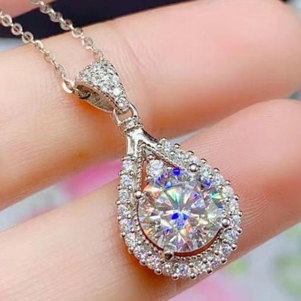 Certified 5ct. t.w. Moissanite Diamond Teardrop Halo Necklace NEW - Picture 1 of 13